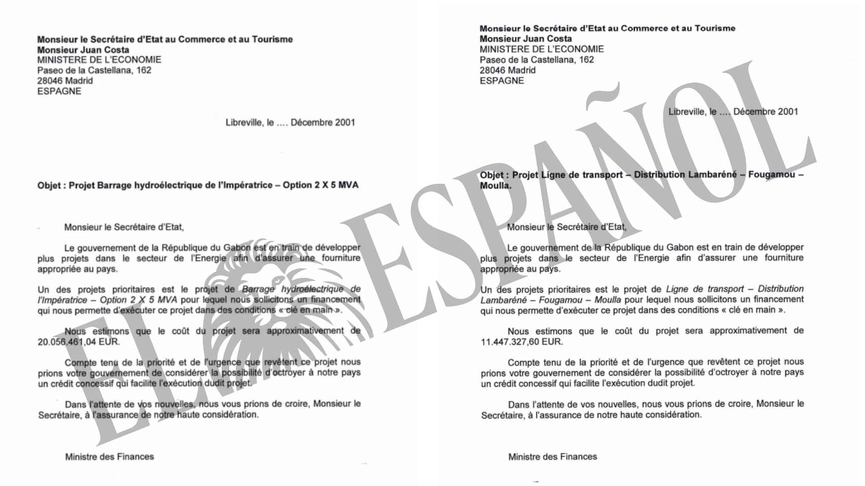 Dos de las cartas redactadas para que fueran enviadas por el ministro de Gabón.