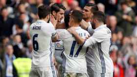 El Real Madrid celebra el gol contra el Espanyol