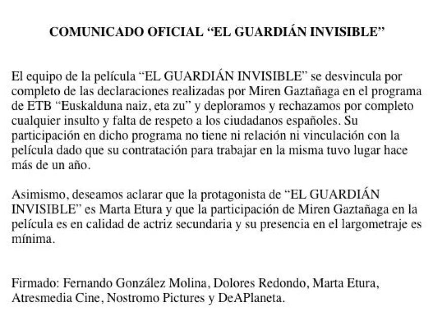 Comunicado oficial del equipo de la película El guardián invisible.