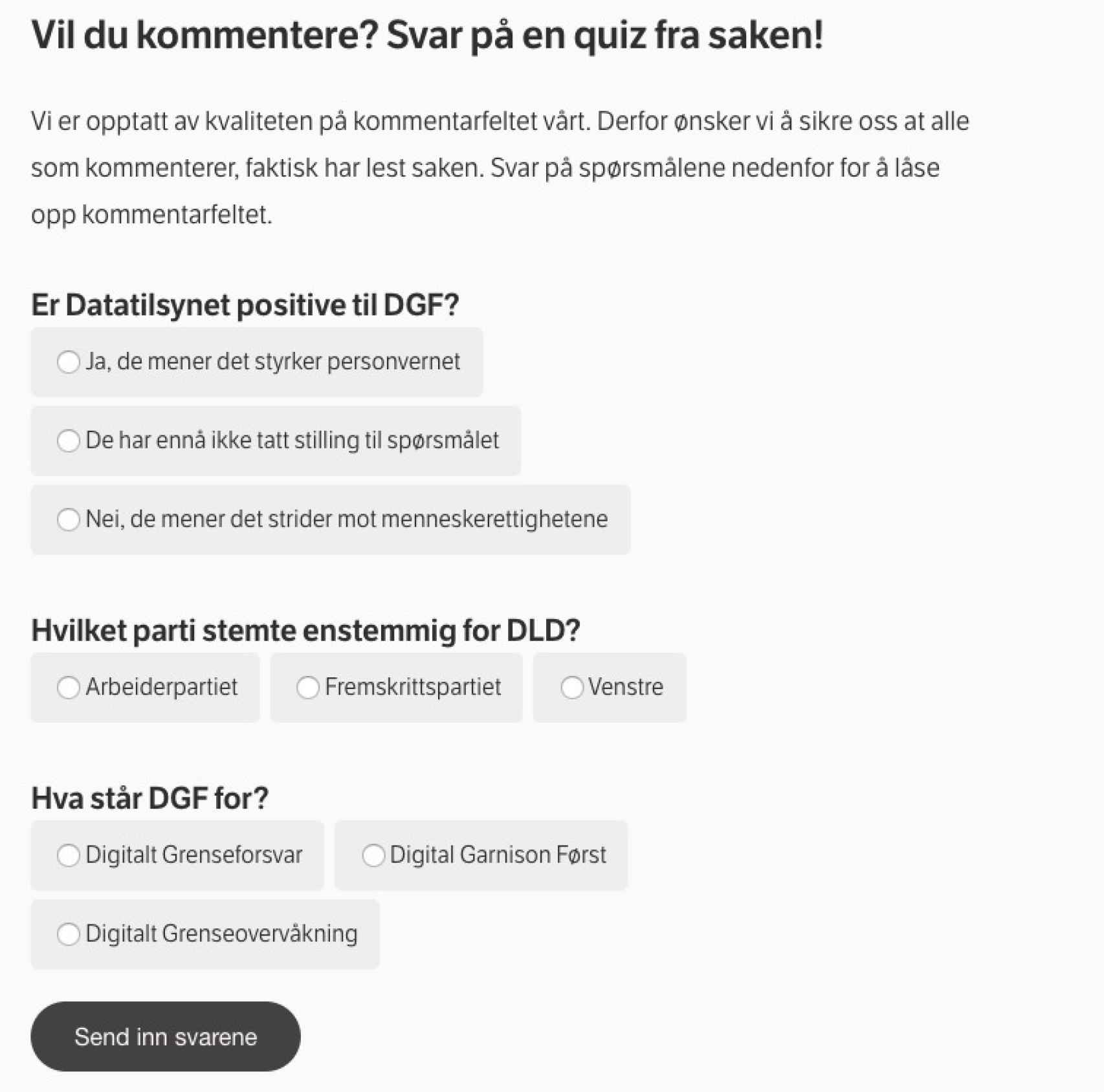 Uno de los cuestionarios de NRK para sus lectores antes de acceder a la sección de comentarios.
