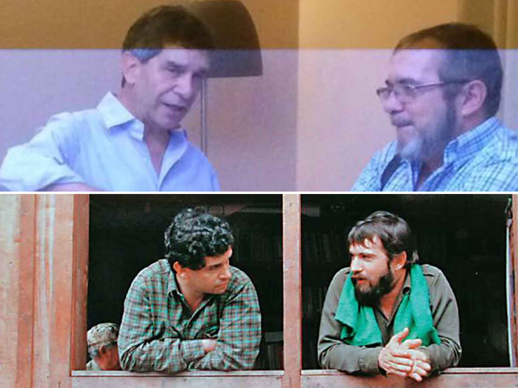 Arriba, una fotografía de Pardo y Timochenko tomada en La Habana el año pasado. Abajo, otra imagen de ambos en un diálogo con el grupo guerrillero en 1989.