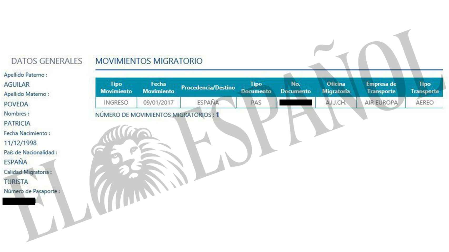 Documento que certifica la entrada en Perú de Patricia Aguilar.