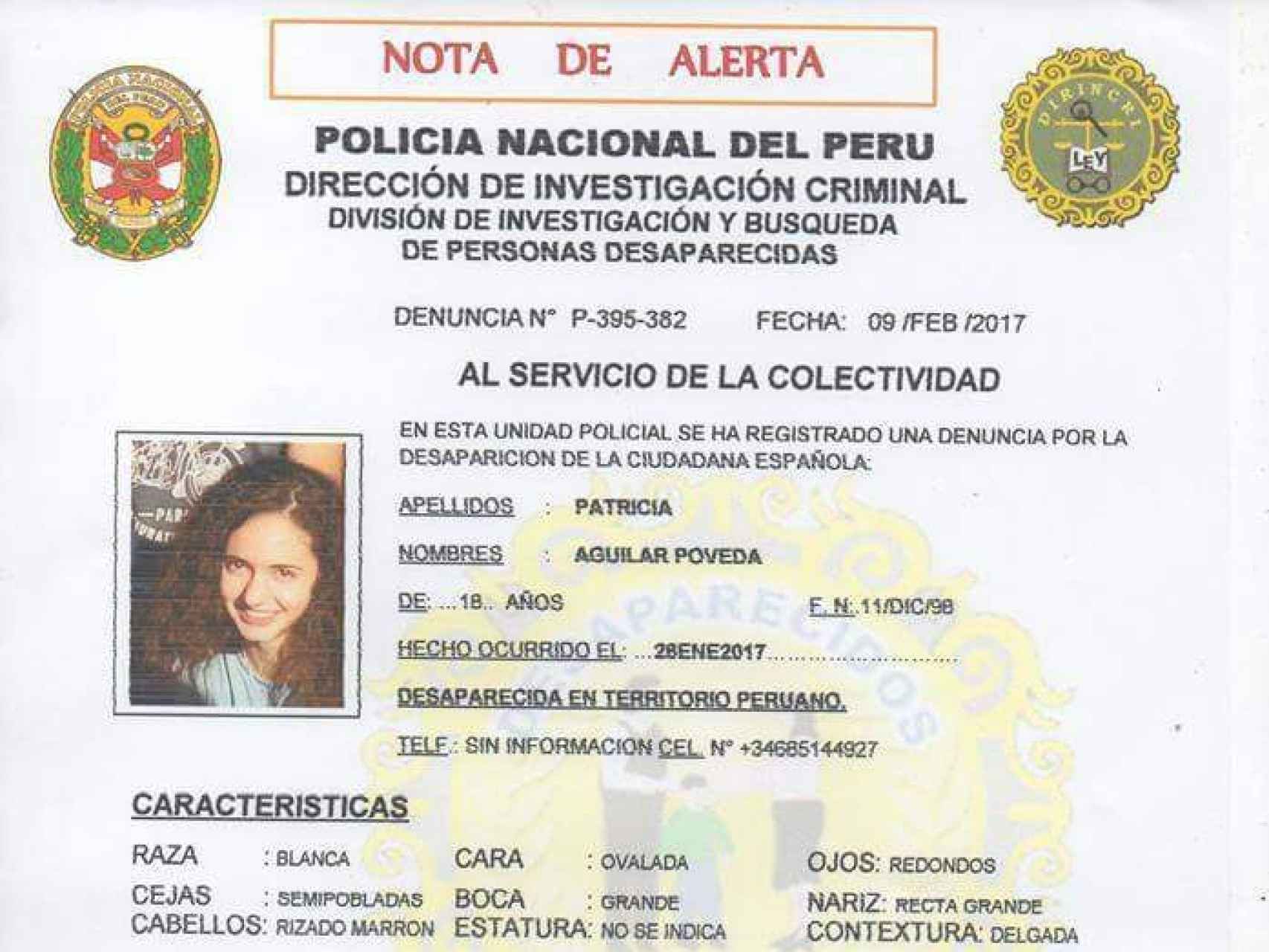 La alerta de búsqueda de la policía peruana sobre Patricia Aguilar.