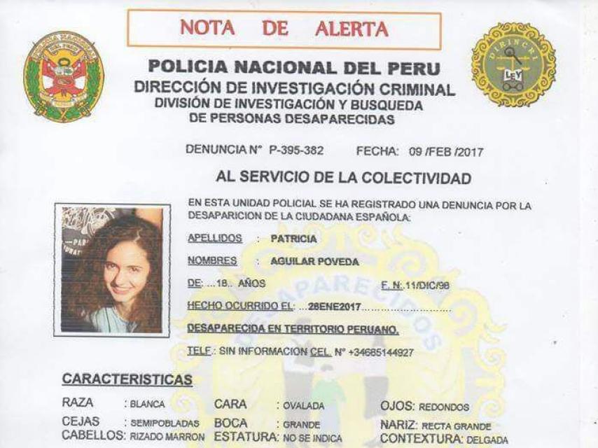 La alerta de búsqueda de la policía peruana sobre Patricia Aguilar.