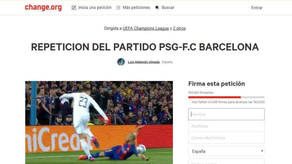 El change.org que pide la repetición del Barça-PSG.