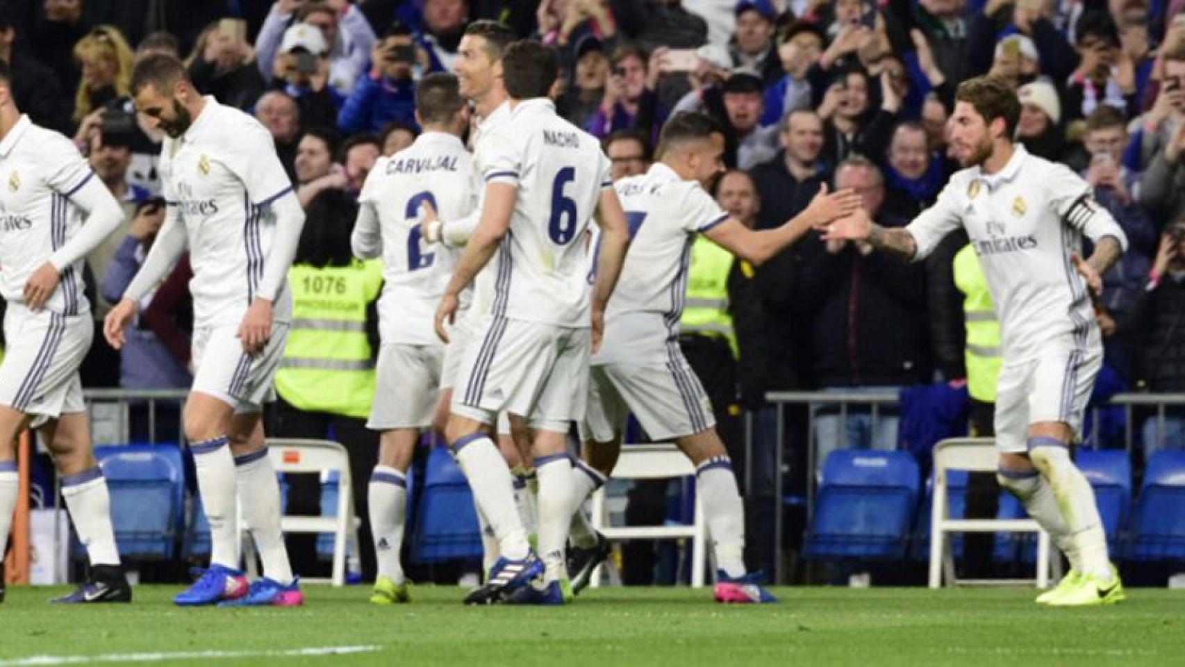 Celebración de un gol de Sergio Ramos Foto: Lucía Contreras / El Bernabéu