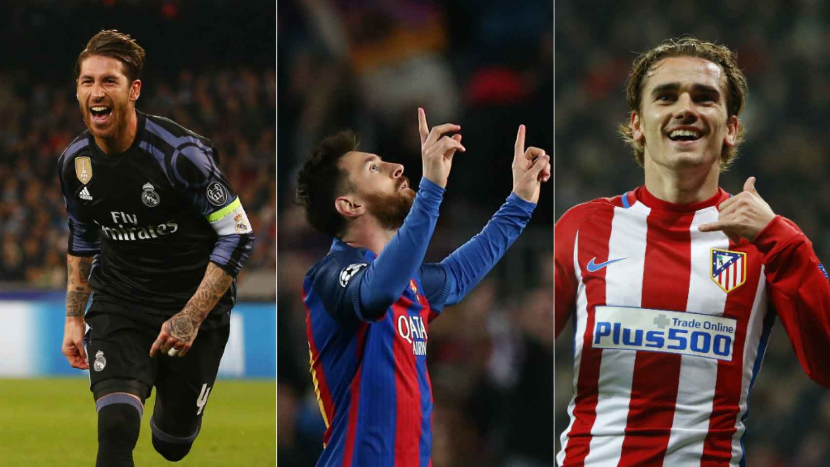 De izquierda a derecha, Ramos, Messi y Griezmann.