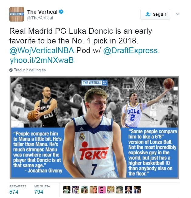 El entorno NBA coloca a Doncic en el número uno del Draft 2018