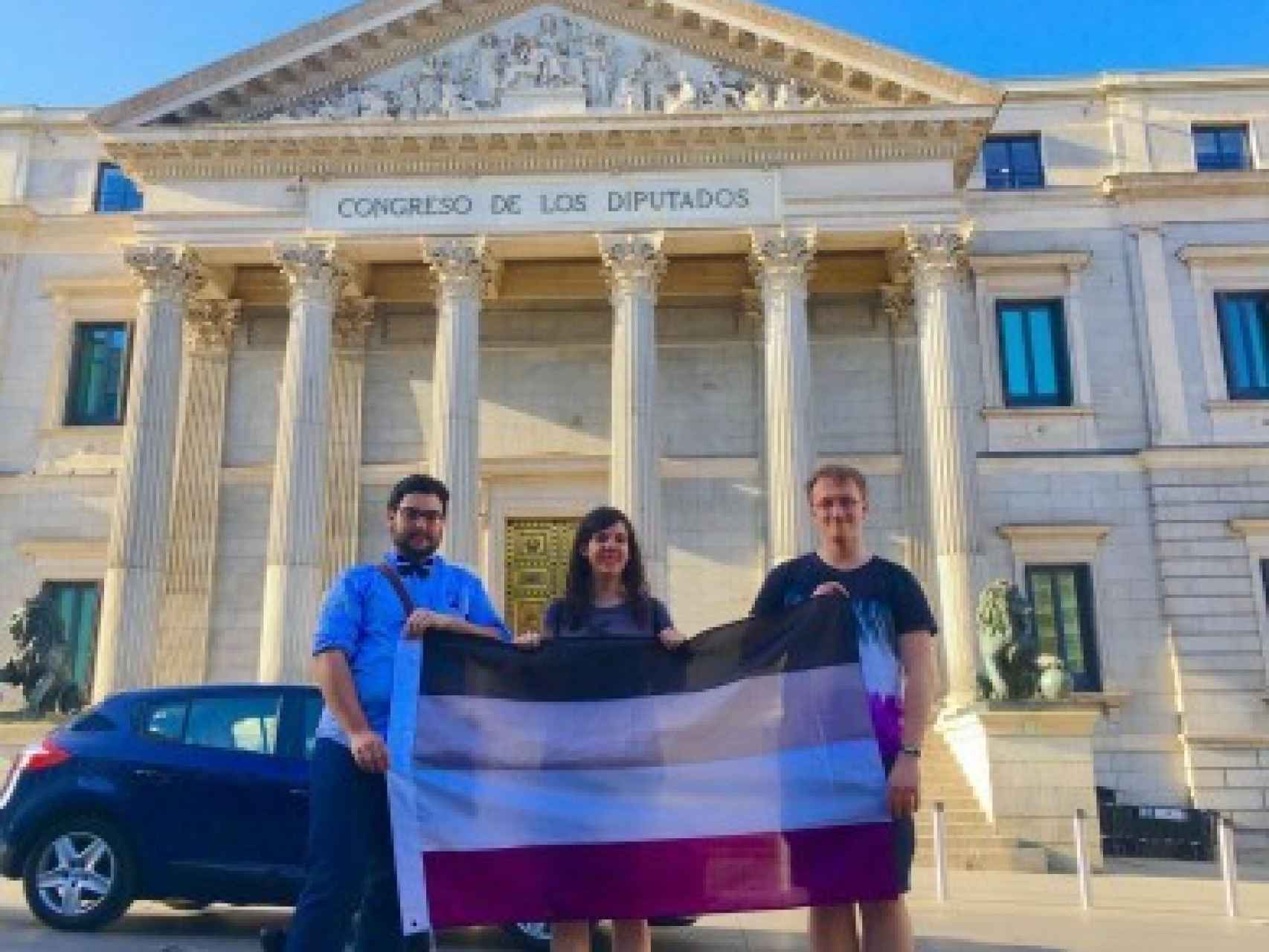Alex junto con compañeros de ACE luciendo la bandera asexual en la puerta del Congreso.