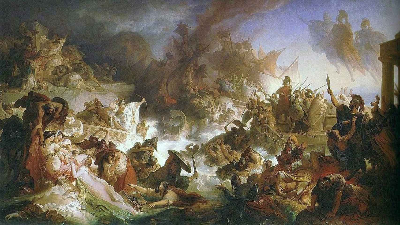 Pintura que describe la Batalla de Salamina, cuyo puerto ha sido encontrado por un equipo de arqueólogos.