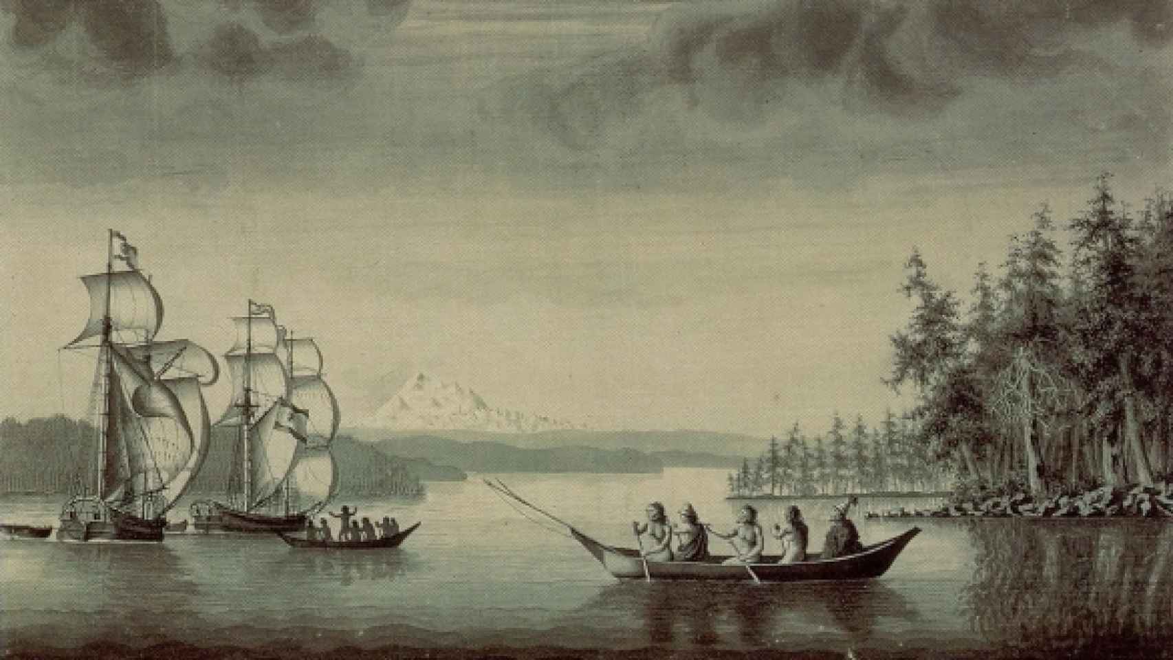 Nativos canadienses se dirigen a las naves españolas.