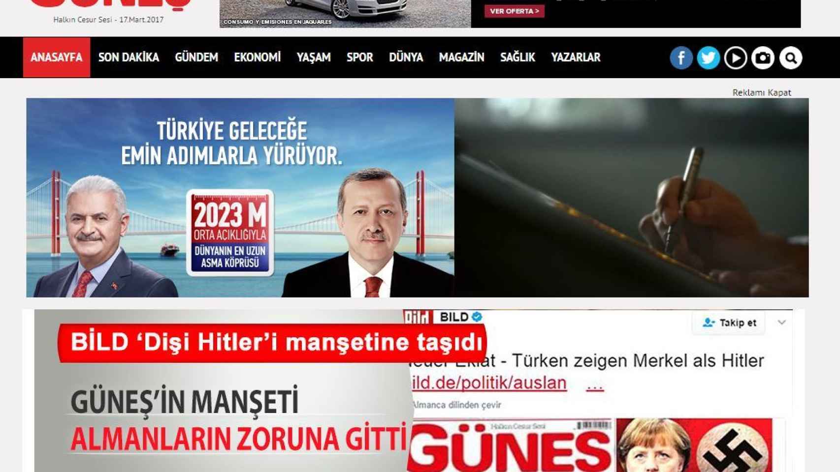 Captura de pantalla de la portada del diario Günes