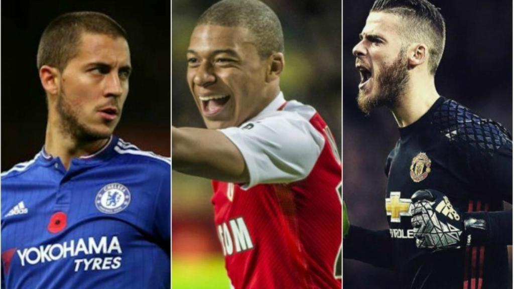 Hazard, Mbappé y DeGea. Fotos chelseafc.com, asmonaco.com y manutd.com