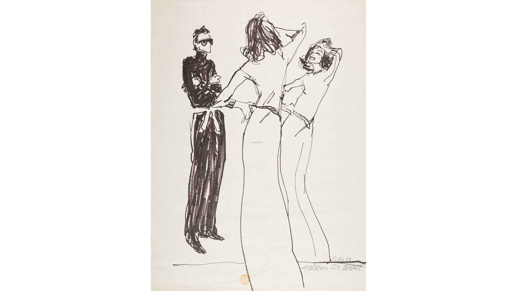 Boceto de Joe Eula, con Halston revisando cómo Lauren Bacall se prueba uno de sus vestidos.