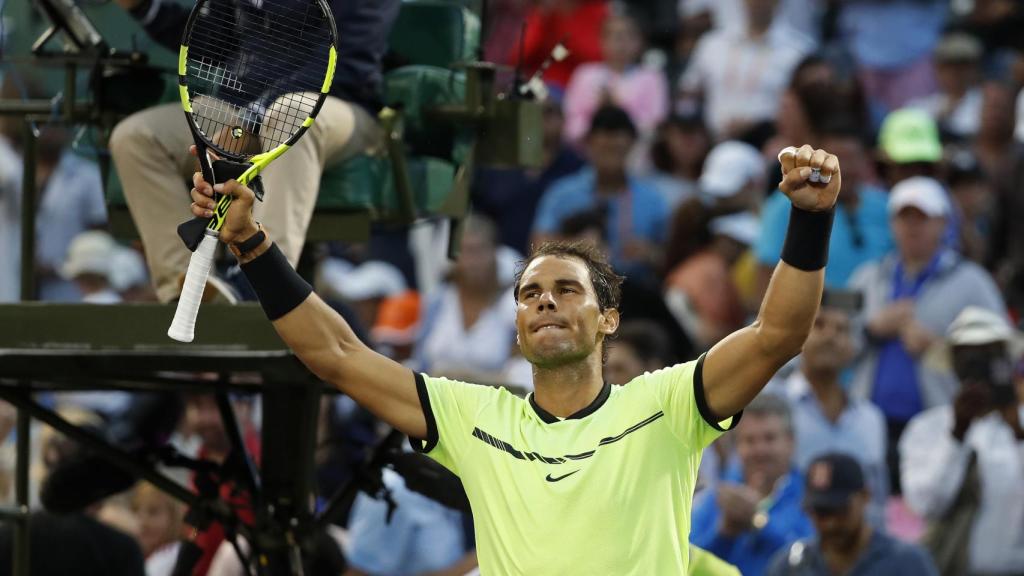 Nadal celebra su victoria ante Sela en la segunda ronda de Miami.