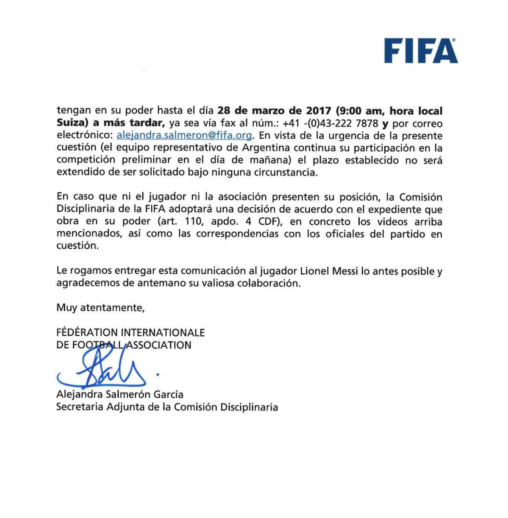Comunicado de la FIFA a la AFA.