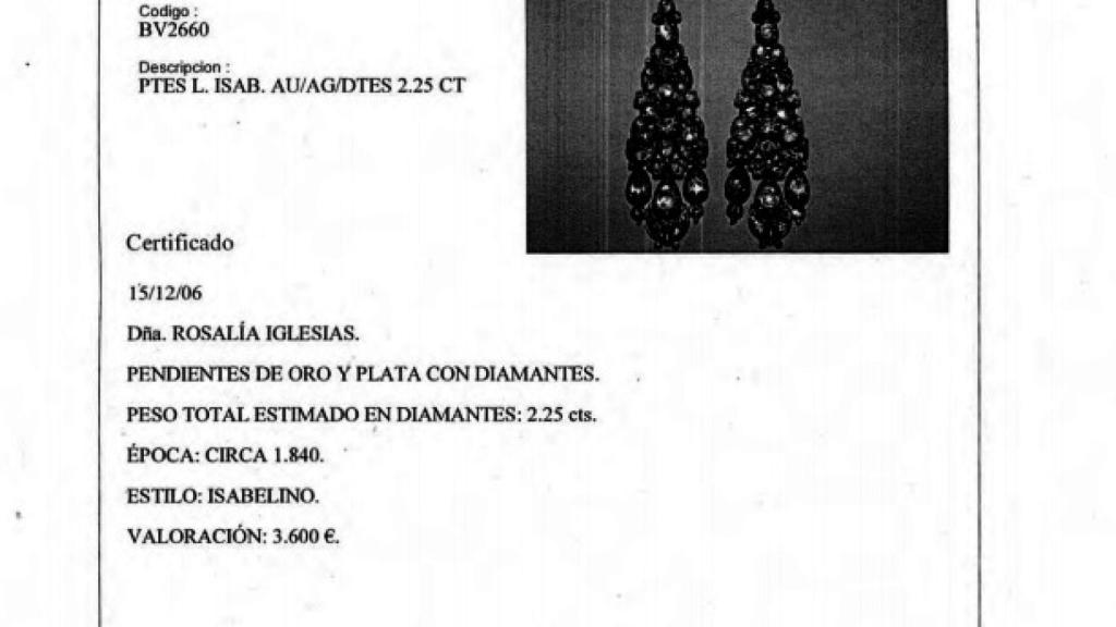 Otra de las joyas certificadas a nombre de Rosalía Iglesias.
