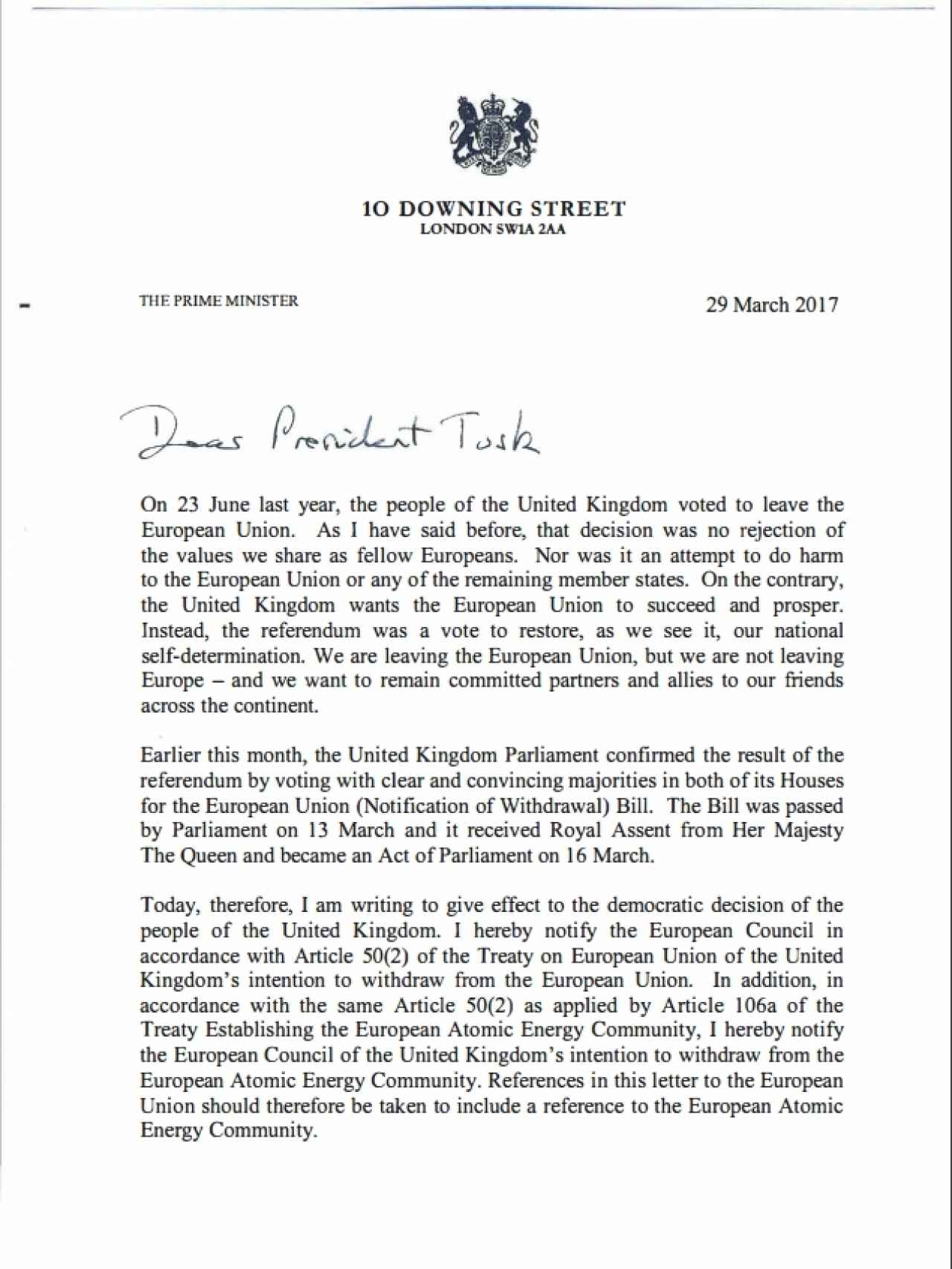 La carta de Theresa May a Donald Tusk.