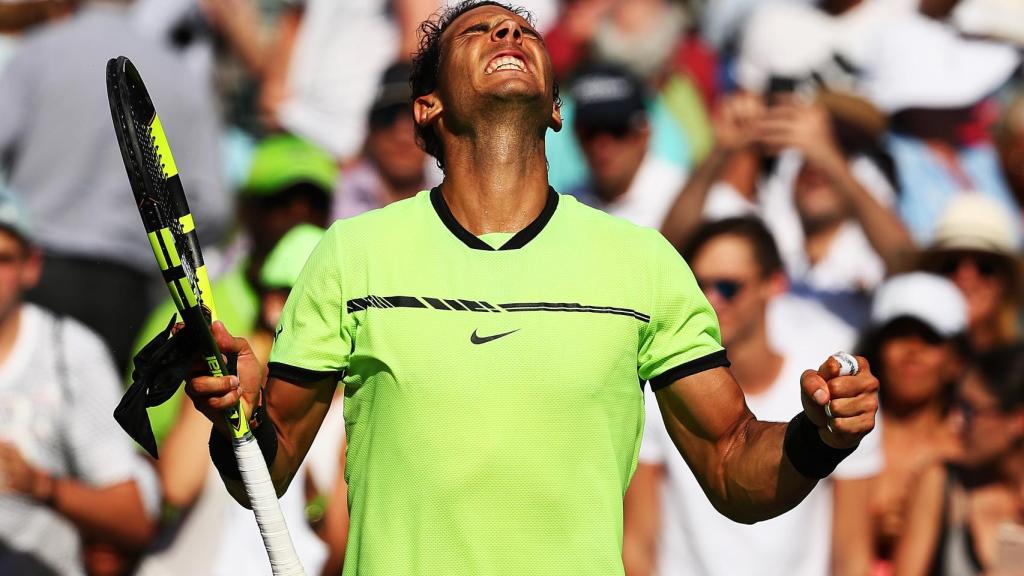 Nadal, celebrando su victoria ante Mahut en Miami.