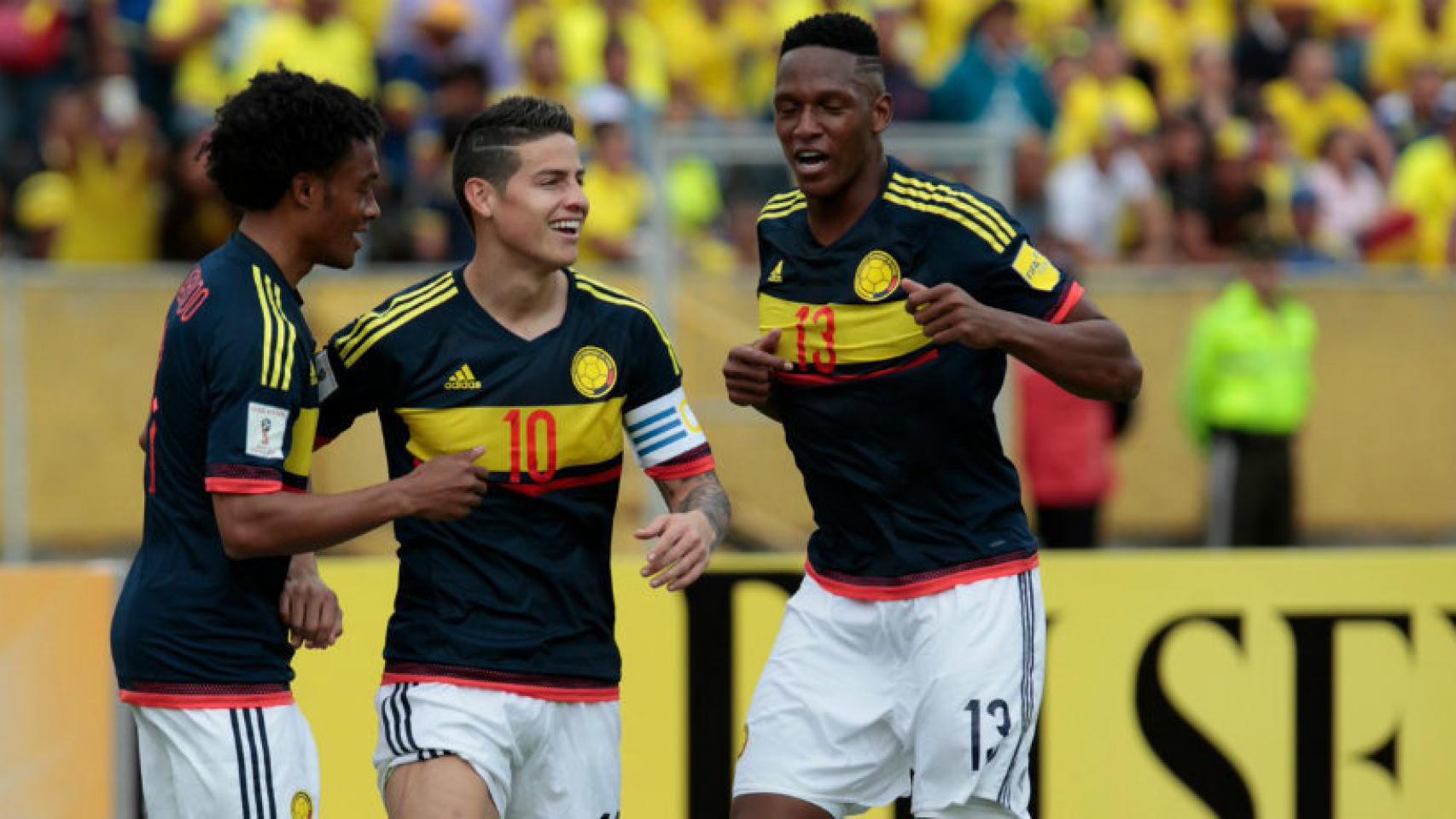 James celebra su gol con Colombia. Foto: Twitter (@FCFSeleccionCol)