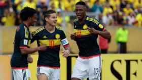 James celebra su gol con Colombia. Foto: Twitter (@FCFSeleccionCol)