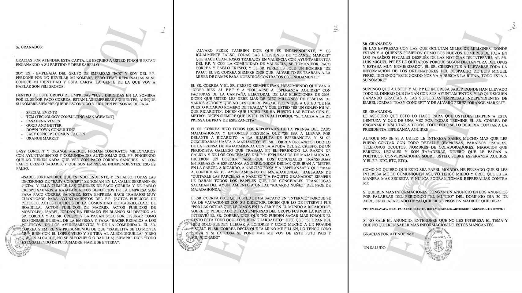 Carta anónima dirigida al exconsejero madrileño Francisco Granados.