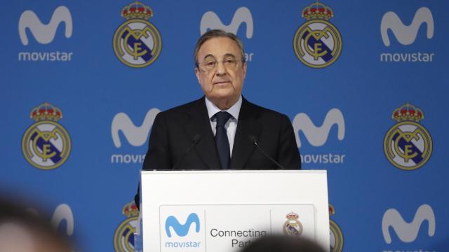 Florentino Pérez en la presentación del acuerdo con Teléfonica.