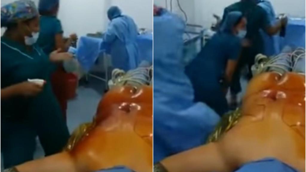 Las enfermeras bailando alrededor de la paciente sedada y medio desnuda.