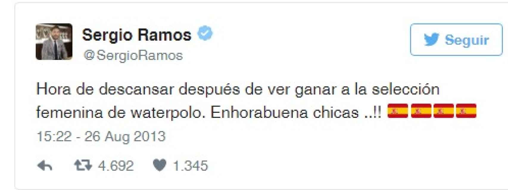 El tuit con el que Sergio Ramos felicitó a la Selección Femenina de Waterpolo.