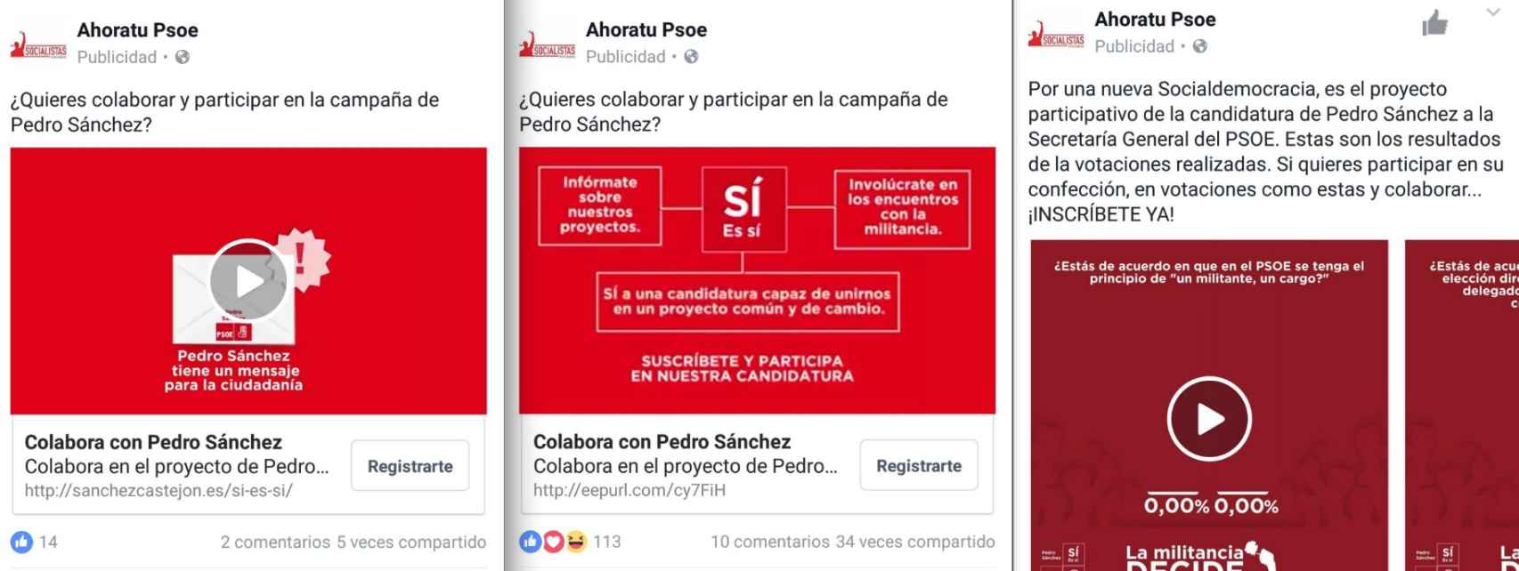 Ejemplos de anuncios de la campaña de Pedro Sánchez.