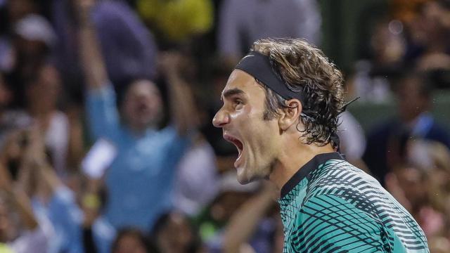 Federer, celebrando su pase a la final del torneo de Miami