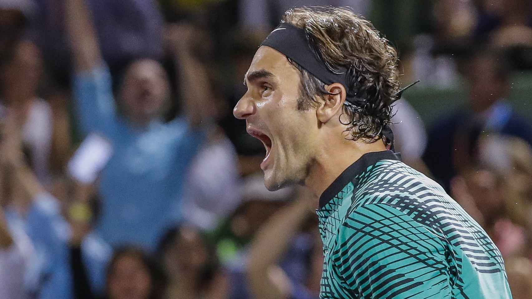 Federer, celebrando su pase a la final del torneo de Miami