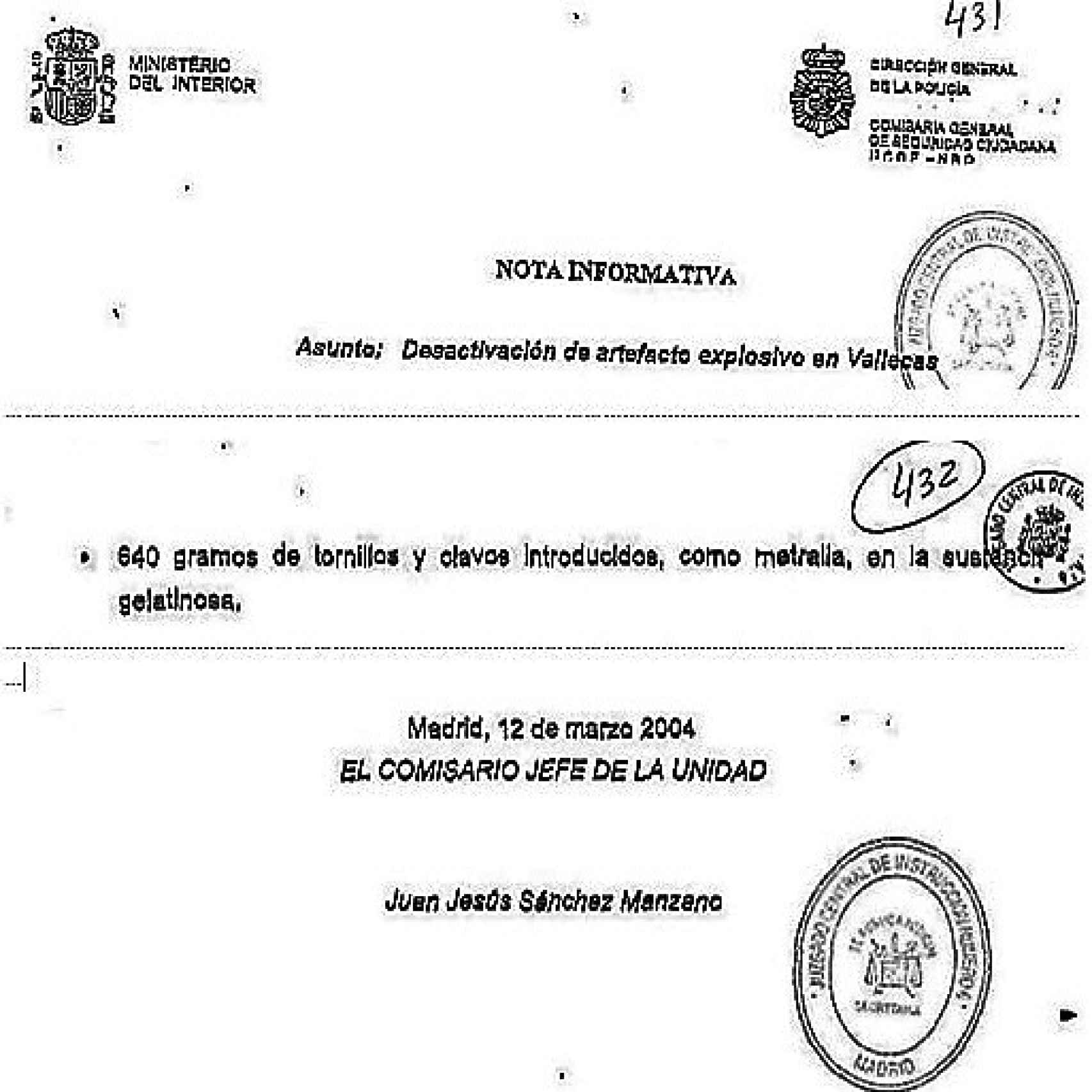Informe personal de Sánchez Manzano sobre la mochila de Vallecas.