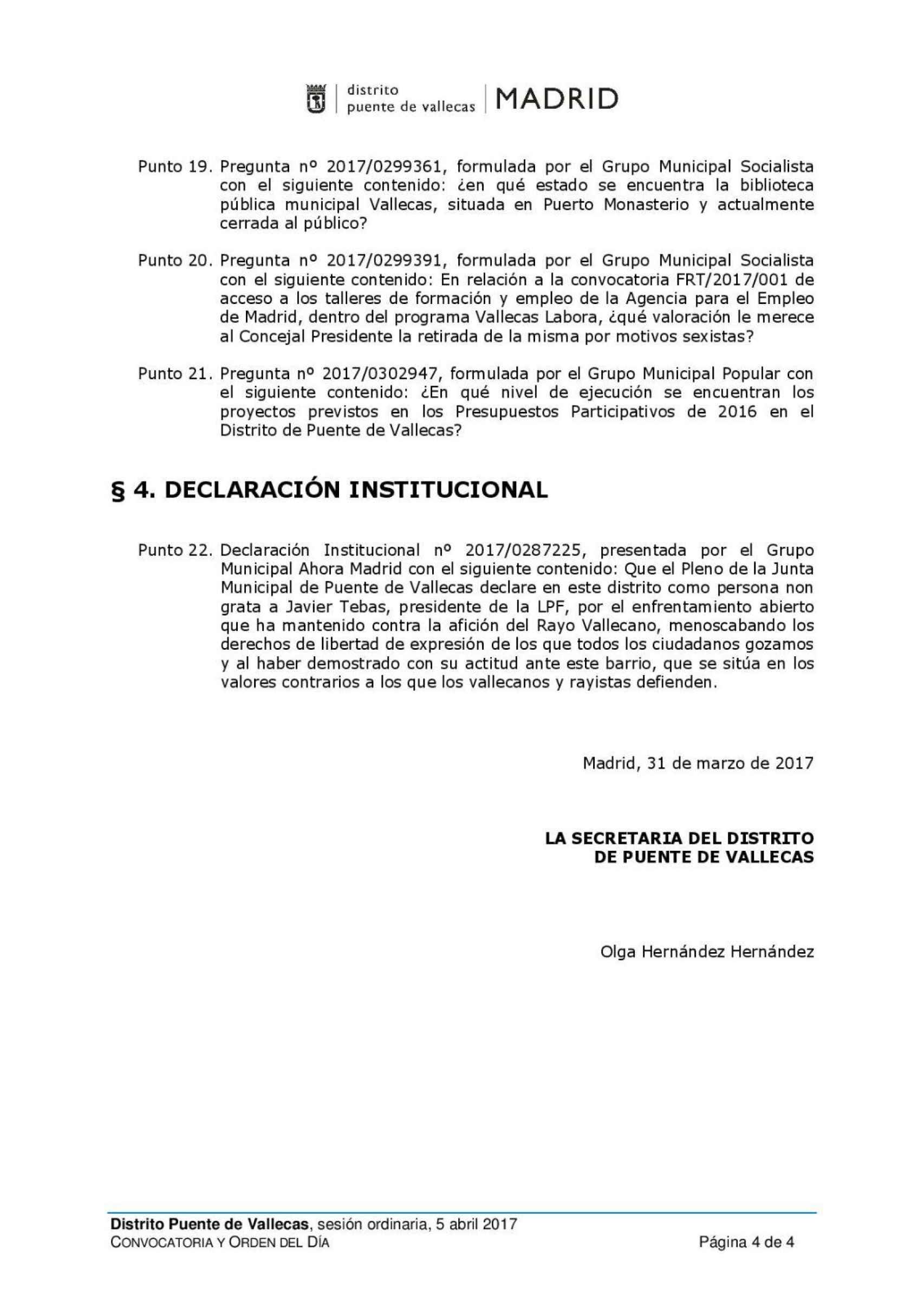 Borrador del orden del día original del Pleno y la declaración institucional.