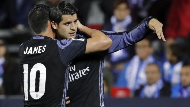 Morata celebra uno de sus goles al Leganés.