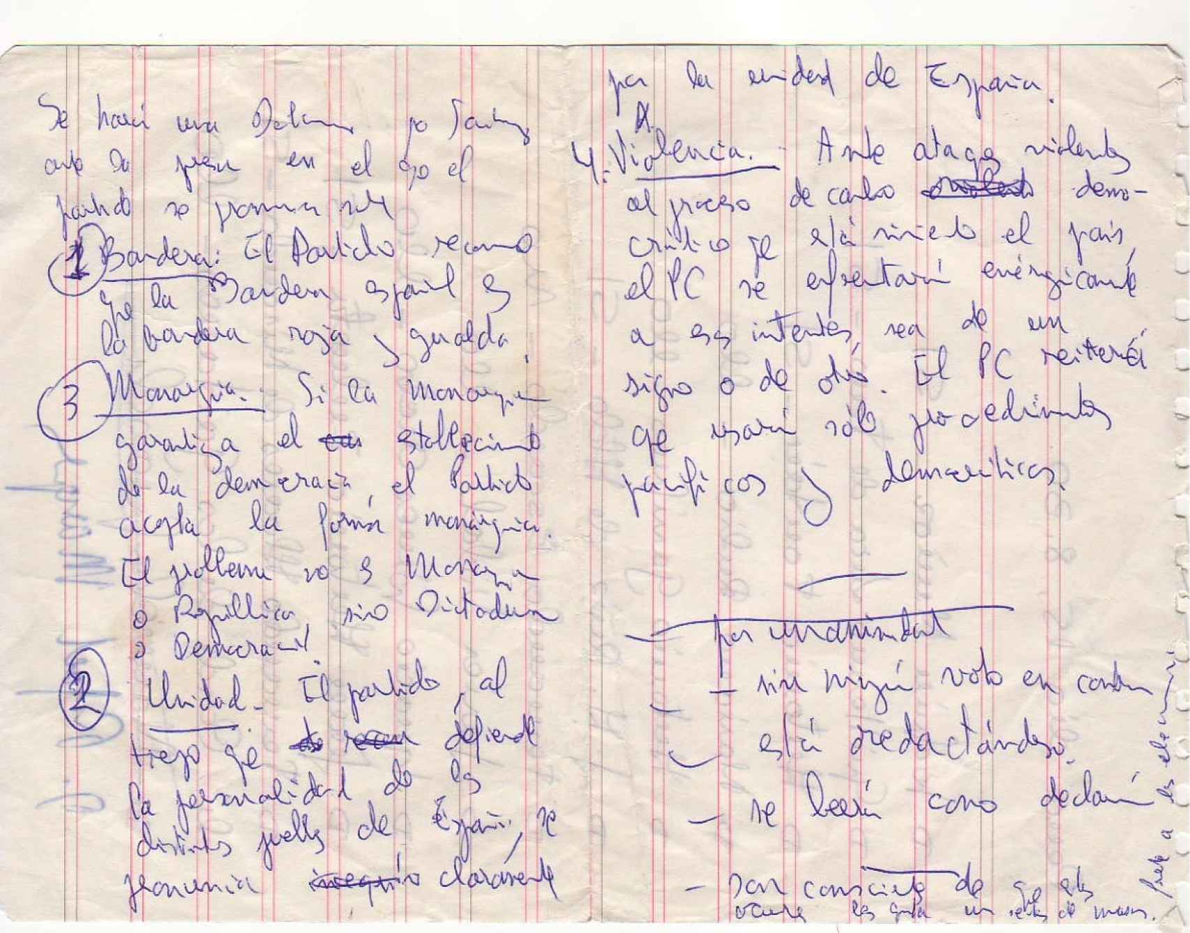Notas de Armero que recogen la respuesta de Carrillo ante las exigencias de Suárez. 14 abril 1977
