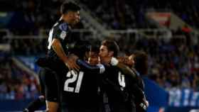 El Madrid celebra el gol de Morata