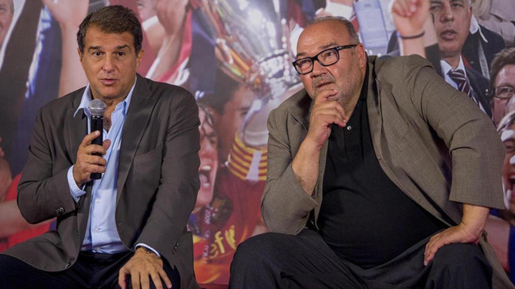 Joan Laporta y Joan Oliver, durante un acto de campaña a la presidencia del Barcelona.