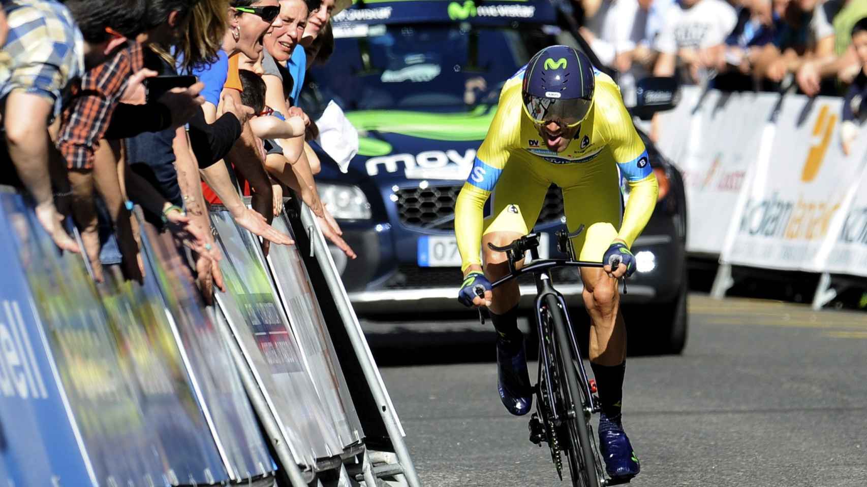 Valverde cruza la línea de meta en la contrarreloj de Eibar durante la reciente Vuelta al País Vasco.