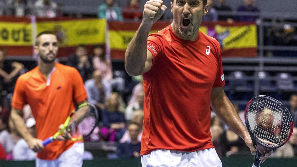 Zimonjic, celebrando un punto en el partido de dobles contra España.