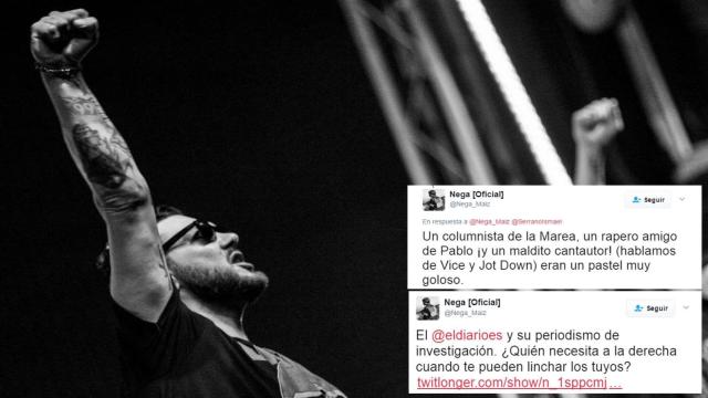 El Nega en concierto; a la derecha, varios de sus tuits.