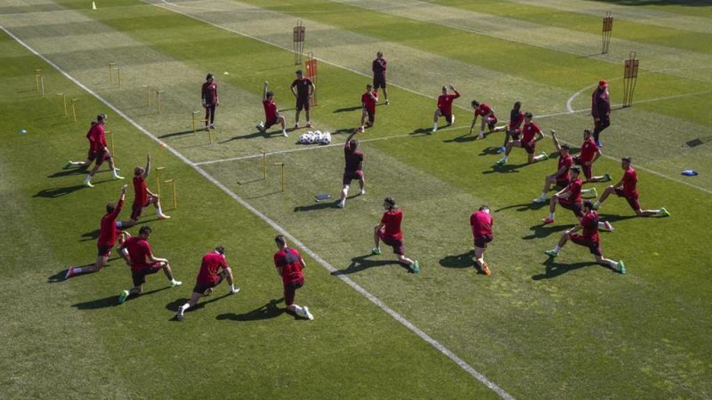 El Atlético, durante el entrenamiento.