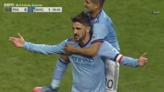 David Villa celebra su tanto ante el Philadelphia Union.