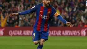Messi celebra uno de sus goles a la Real Sociedad.