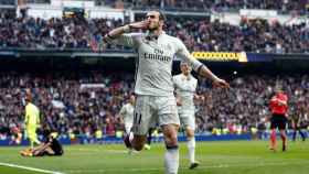 Bale celebra su gol en el Bernabéu.