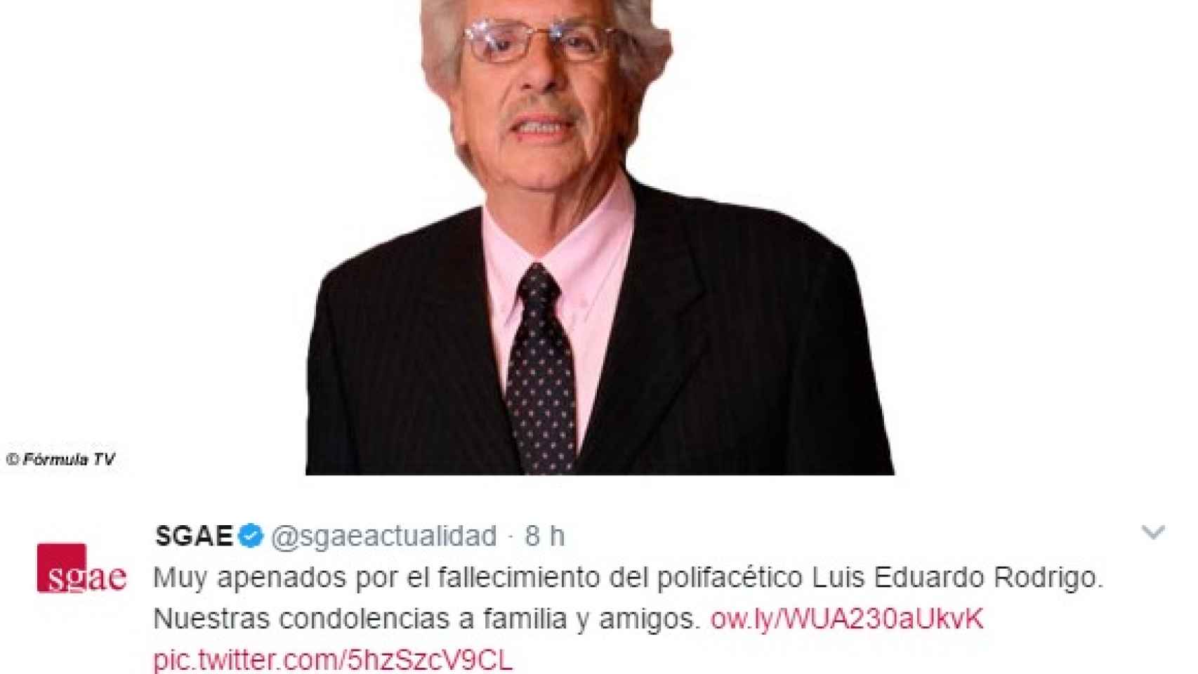 La SGAE comunica a través de un tuit el fallecimiento de Luis Eduardo Rodrigo.