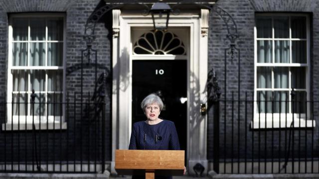 May en su comparecencia de este martes en el 10 de Downing Street.