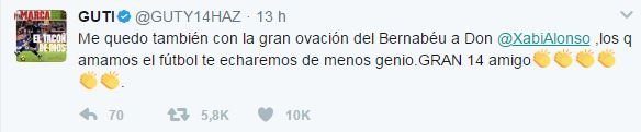 Arbeloa y Guti celebran en Twitter la ovación del Bernabéu a Xabi
