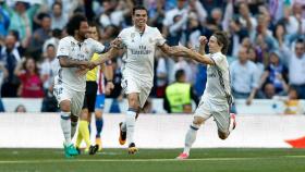 Marcelo, Pepe y Modric celebrando el gol