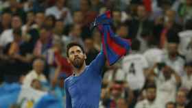 Messi celebra su gol en el Bernabéu.